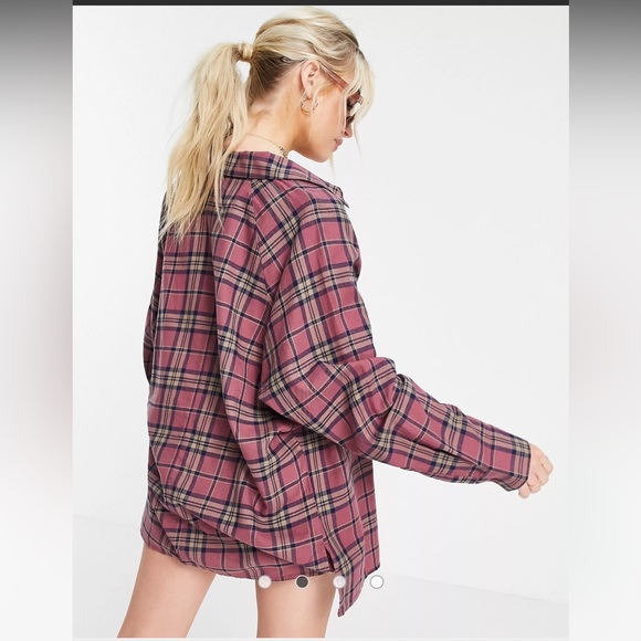 ASOS DESIGN Petite long sleeve boyfriend shirt in dark red and navy check - Picture 2 of 14